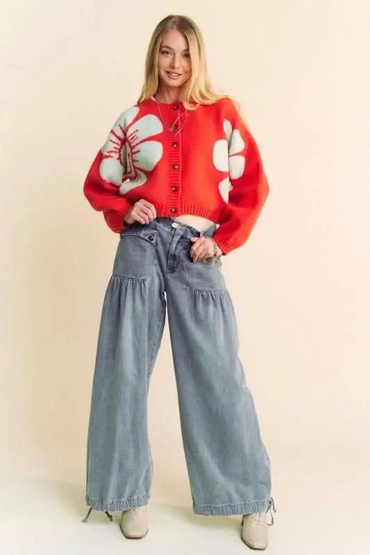 Davi & Dani Flower Contrast Round Neck Long Sleeve Cardigan - Love Salve